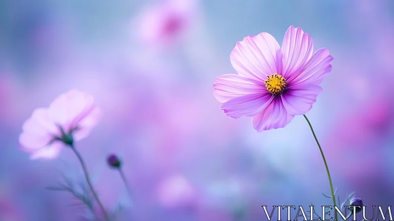 Pink cosmos flower with yellow stamens in soft focus field.