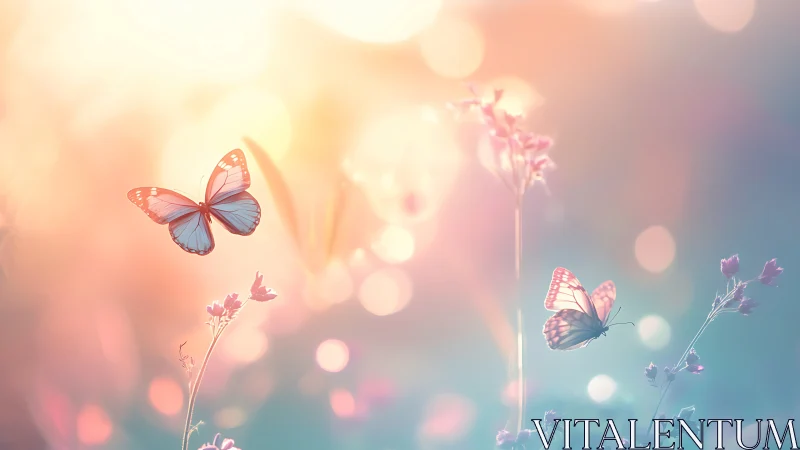 Soft sunrise welcomes two gentle butterflies in pastel air