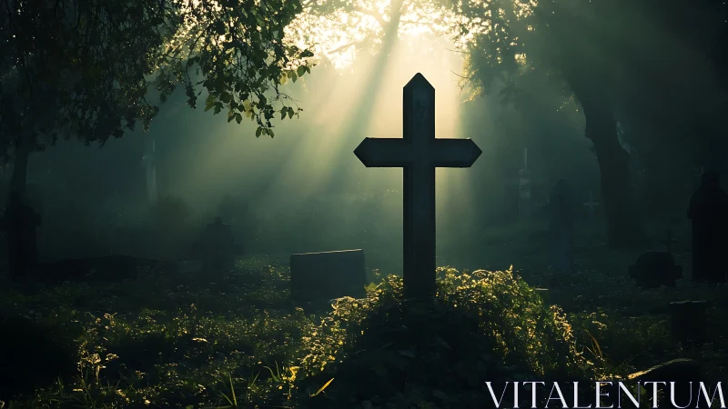 Sunlit graveyard cross bathed in quiet, ethereal morning haze.