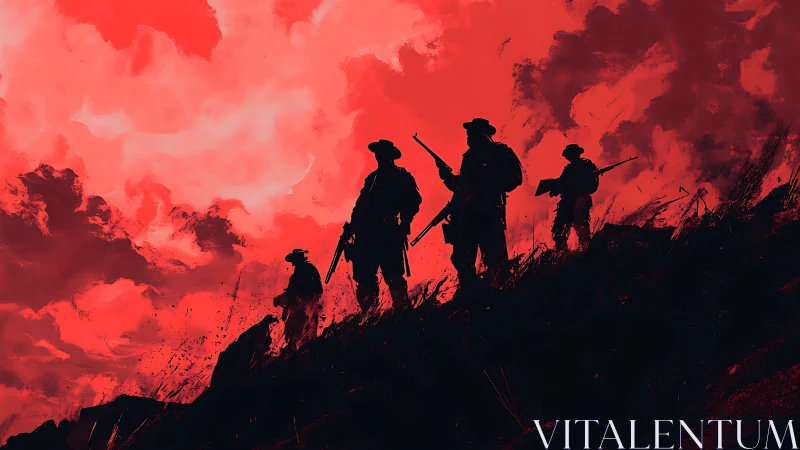 Silhouetted soldiers stand on a ridge under intense red sky