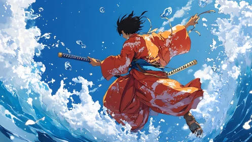 Samurai in orange kimono leaping through crashing waves.