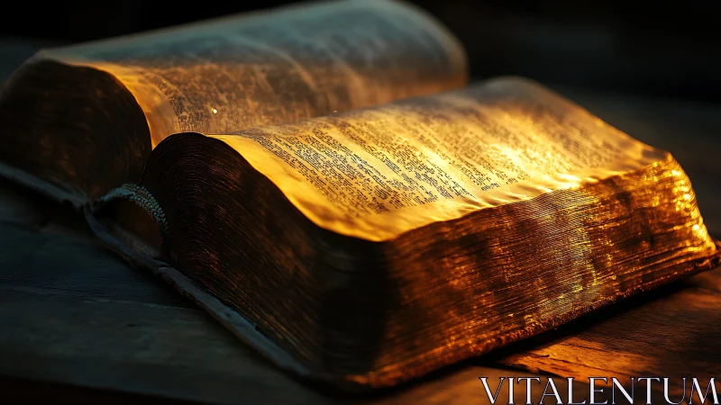 Antique Bible under warm golden light on wooden table.