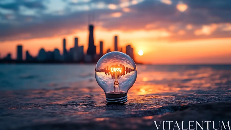 Sunset city skyline glows softly inside a clear glass bulb
