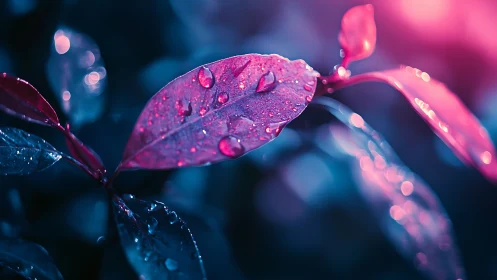 Leaves with water droplets under blue and pink lighting