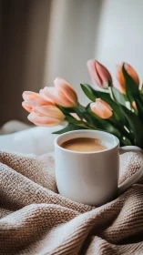 Warm beverage composition with peach tulips and textured neutral-tone fabric