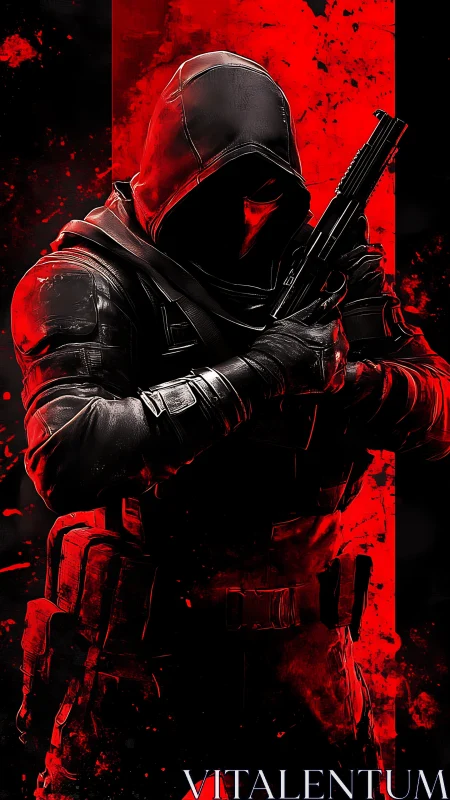 Shadowed warrior stands ready in bold red and black lighting