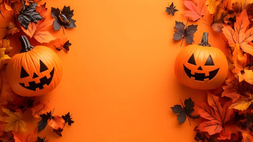 Glowing jack-o&rsquo;-lantern pumpkins frame a vivid Halloween scene