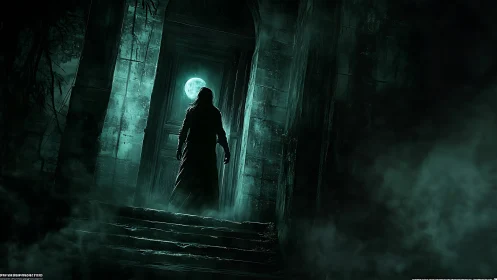 Moonlit stranger at the ancient doorway of deep mystery.