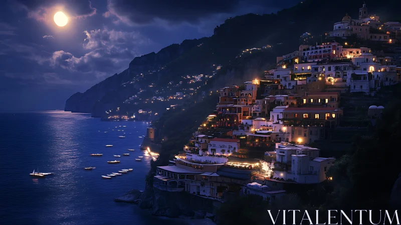 Coastal hillside town glows with warm lights under full moon
