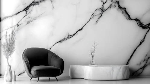 Marble whispers and charcoal curves in serene modern lounge.