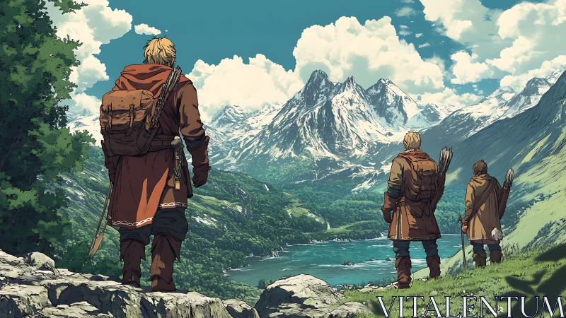 Three cloaked figures observe a lake valley beneath snowy peaks