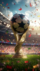 Golden football trophy stands on grass amid stadium confetti