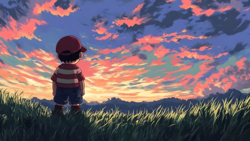 Boy in striped shirt contemplating a blazing sunset sky.