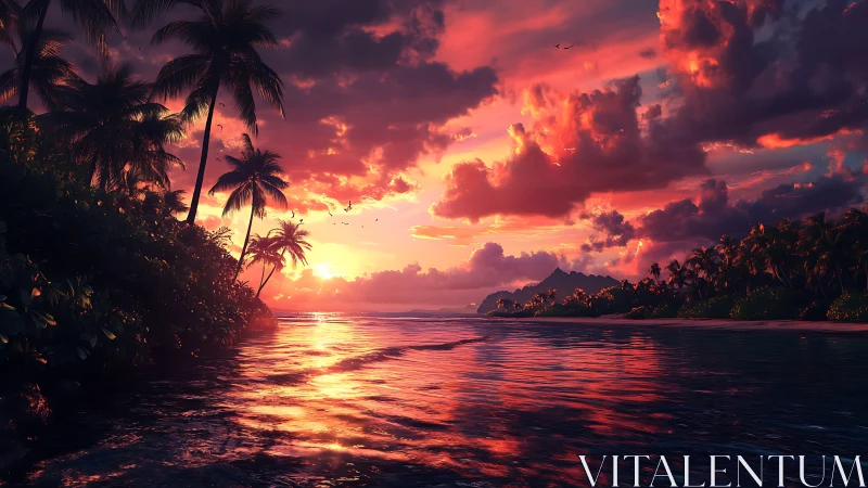 Tropical lagoon sunset with saturated magenta cloudscape.