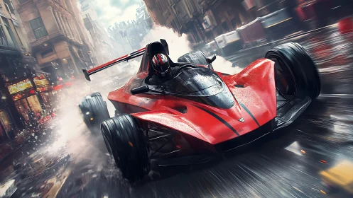Red street racer carving through a rain soaked city sprint.
