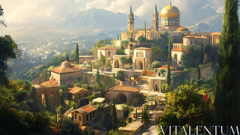 Terraced hillside city with domed temple and tall cypresses.