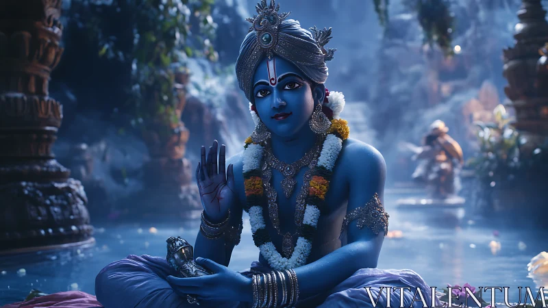 Divine blue deity seated in lotus pose amid luminous river grove.