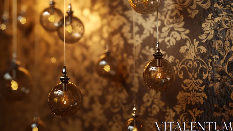 Golden glass pendants glowing against patterned wallpaper.