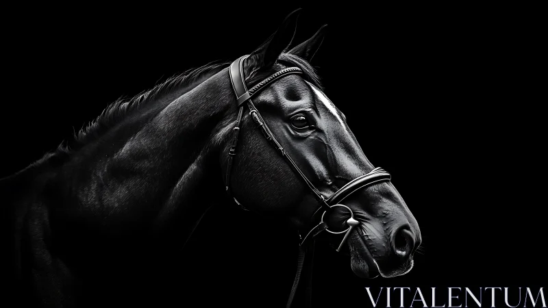 Black horse portrait in bridle on deep black background.