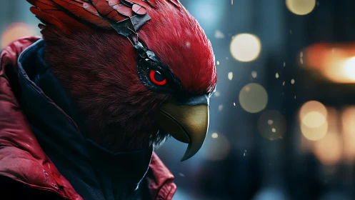 Intense red bird humanoid in cyberpunk city, cinematic lighting.