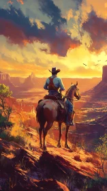 Sunlit cowboy pauses on a canyon ridge at golden sunset