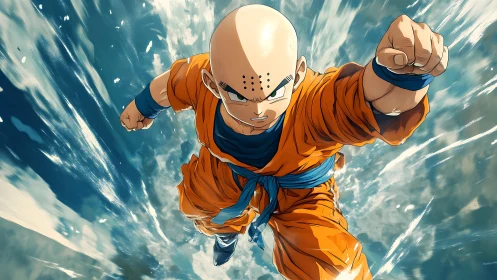 Dynamic bald fighter launches powerful aerial punch attack.