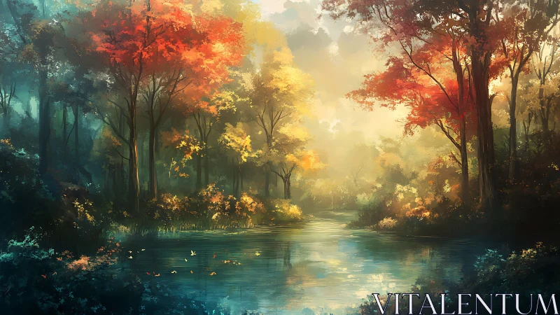 Luminescent Forest Corridor: Chromatic Gradient Landscape with Reflective Water.