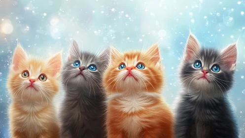 Whimsical Quartet: Four Fluffy Kittens Gazing Through Sparkle.