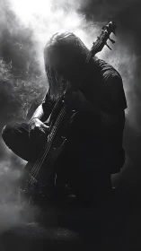 Solitary rock guitarist kneels in smoky stage backlight