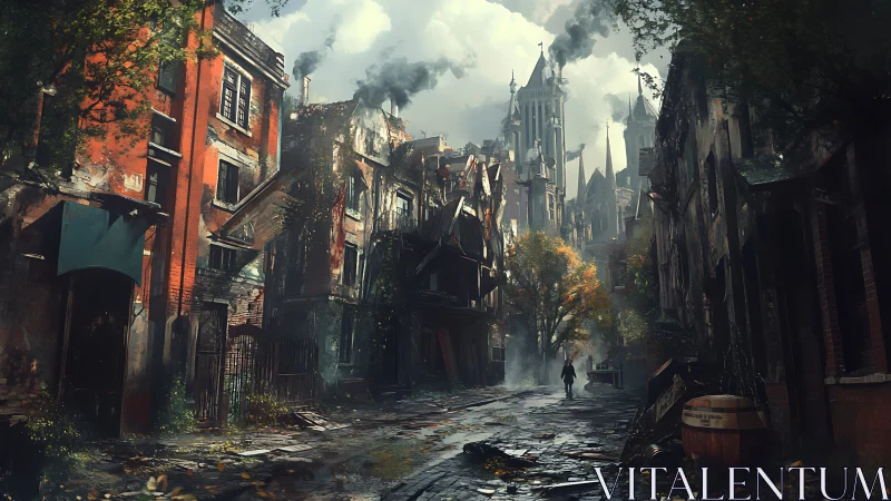 Lone wanderer crosses ruined city street toward smoking spires