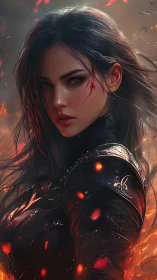 Armored female figure rendered in high detail amid rising embers