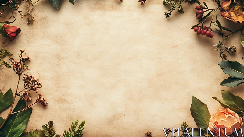 Vintage Floral Frame Arrangement on Aged Parchment Background.