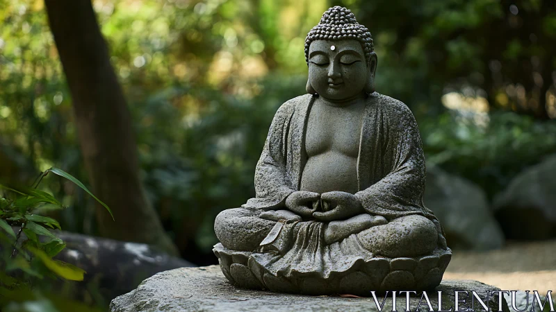 Stone Buddha statue seated in meditation in garden setting.
