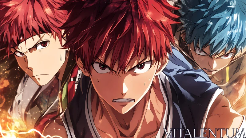 Intense anime trio in dynamic, close-up action confrontation