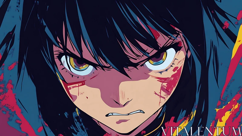 Close frontal view of intense anime character with blood spatters.