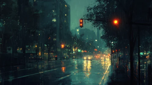 Rainy city intersection shows wet street under red lights