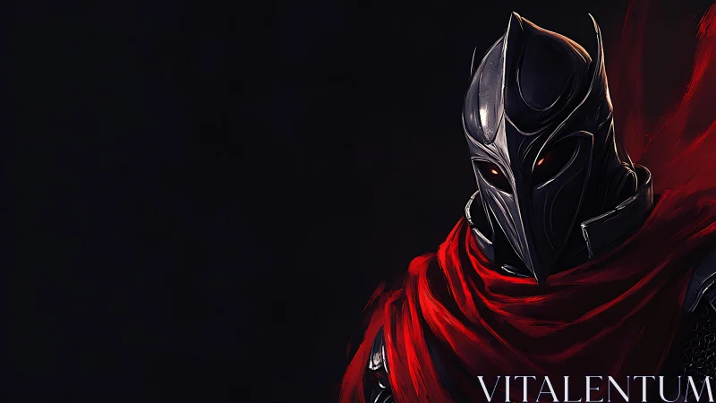 Armored figure with angular helmet and red cloak profile.