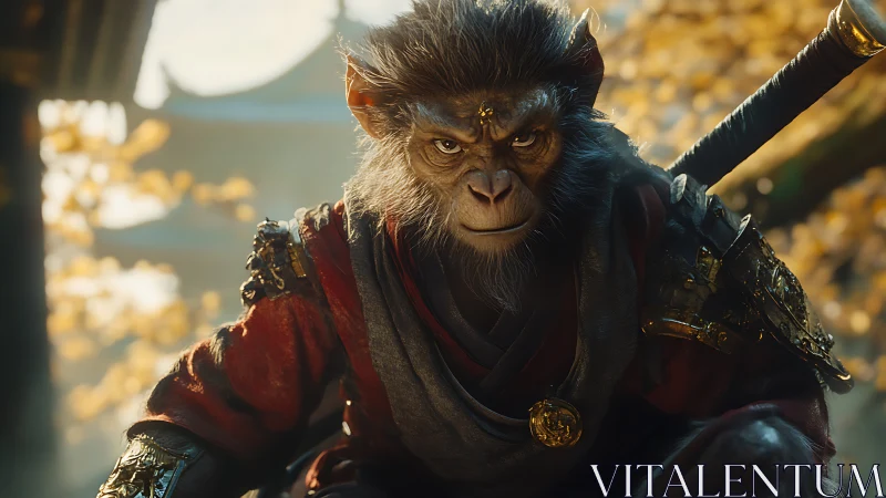 Monkey warrior in ornate armor readies for a forest battle.