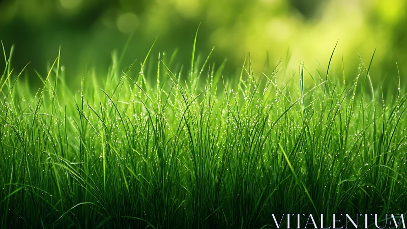 Backlit dew-covered grass blades in soft morning bokeh.