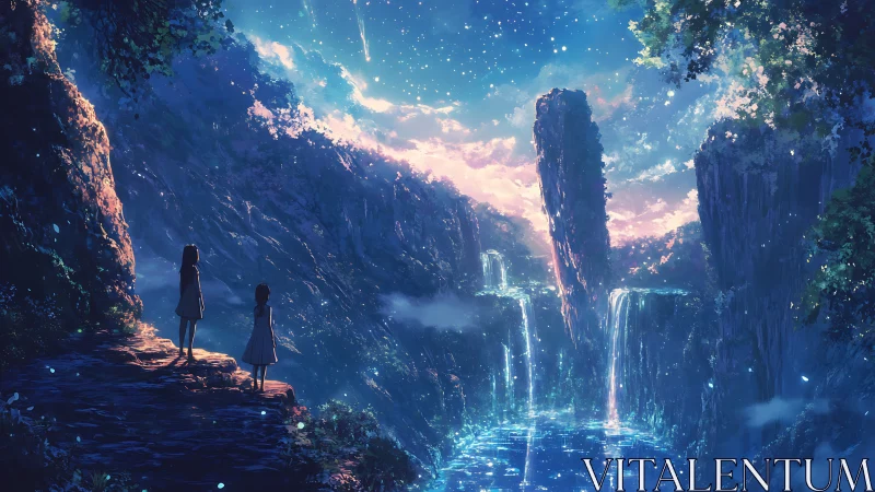 Two girls overlook luminous waterfalls under starry sky