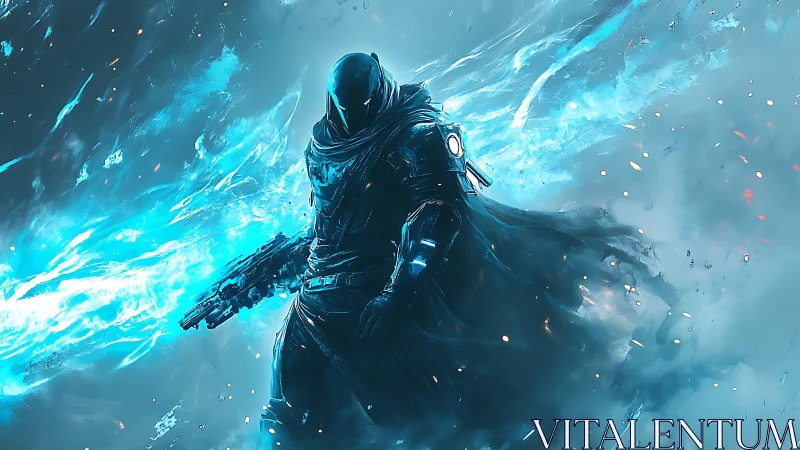 Shrouded cyber warrior amid explosive blue energy storm.