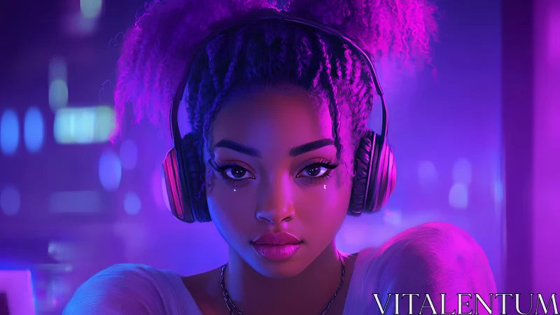 Neon-lit girl with headphones in cinematic cyber glow.