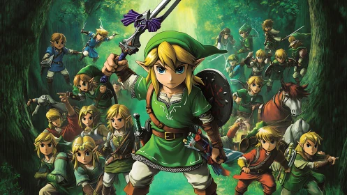 Heroic green-clad adventurers gathering in a glowing forest.