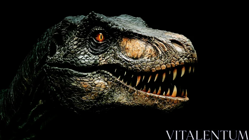 Ferocious dinosaur head closeup with sharp teeth exposed.