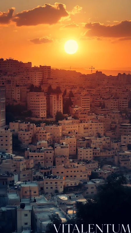 High-density hillside cityscape under warm atmospheric sunset light