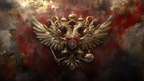 Golden double headed eagle crest on textured backdrop.