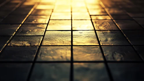 Golden sunlight reflecting on wet ceramic tiles, dramatic style.