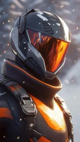 Futuristic armored rider in orange and black helmet suit.