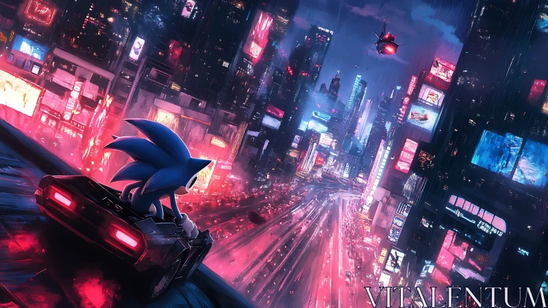 Blue hedgehog outruns neon traffic in cyberpunk megacity.