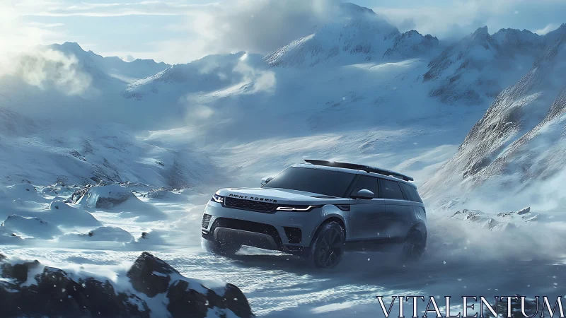 SUV powers across icy mountain pass in dense winter storm.